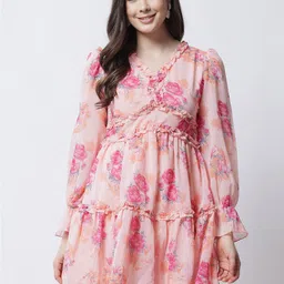 MARC LOUIS Peach-Coloured Floral Georgette Dress-image-13
