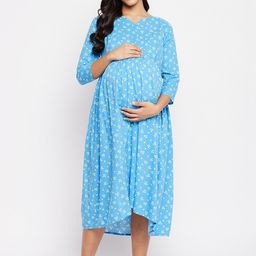 Hypernation Women Blue Floral Maternity A-Line Midi Dress-picture-10