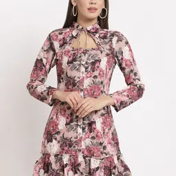 aayu Women Peach-Coloured & Pink Floral Tie-Up Neck Crepe A-Line Dress-picture-34