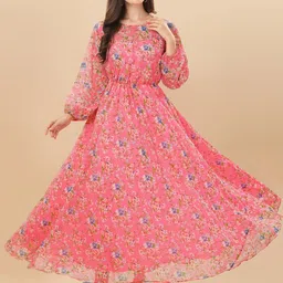 Vidraa Western Store Pink Floral Georgette Maxi Dress-picture-22