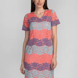 Globus Women Coral & Blue Floral Lace Sheath Dress-image-66