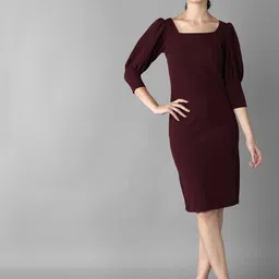 The Roadster Lifestyle Co. Maroon Square Neck Puff Sleeves Sheath Dress-image-78