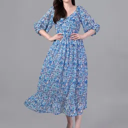 Masakali.Co Floral Printed V Neck Fit and Flare Midi Dress-picture-20