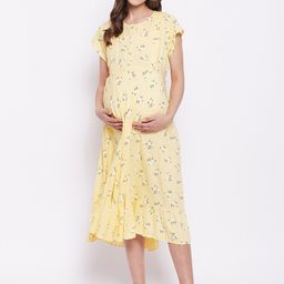 Hypernation Women Yellow Floral Maternity A-Line Midi Dress-picture-8