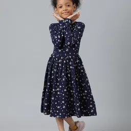 Beverly Hills Polo Club Girls Navy Blue Round Neck Cotton Dress-picture-40