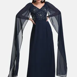 Kazo Women Navy Blue Embellished Georgette Maxi Dress-image-37