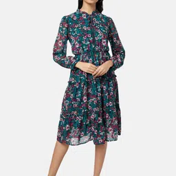Honey by Pantaloons Women Teal & White Floral Printed Tie-Up Neck A-Line Dress-picture-16