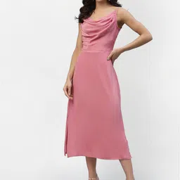 aayu Women Peach-Coloured Cowl Neck Satin A-Line Midi Dress-picture-23