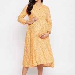 Hypernation Women Yellow Floral Maternity A-Line Midi Dress-picture-29