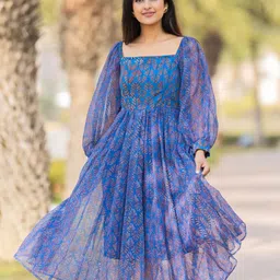 Ambraee Blue Tropical Organic Cotton Chiffon Midi Dress-picture-38