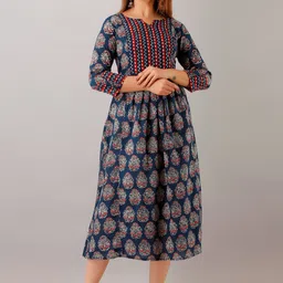 HERE&NOW Blue Printed A-line Midi Ethnic Dresses image 1
