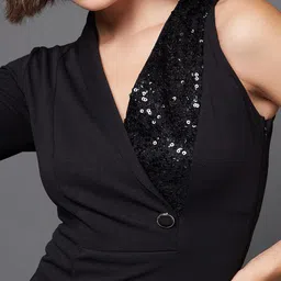 Miss Chase Black Embellished One Shoulder V-Neck Sheath Maxi Dress image 4