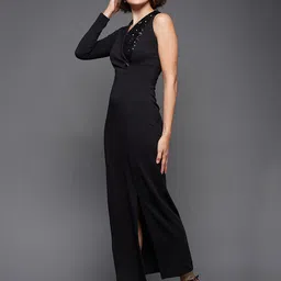 Miss Chase Black Embellished One Shoulder V-Neck Sheath Maxi Dress image 5