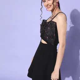 Sera Black Bow Detailed Self Design Fit & Flare Dress image 5