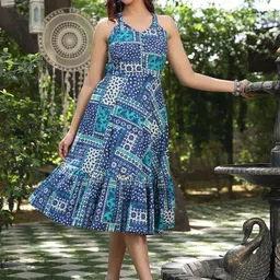 Rain & Rainbow Ethnic Motifs Printed Gathered Pure Cotton A- Line Midi Dress image 3