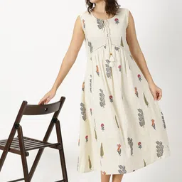 Saffron Threads Mughal Printed Fit and Flare Midi Cotton Linen Boho Ethnic Dress image 5