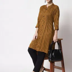 Vastralay Women Brown Checked Woven Design High Low Kurta-picture-19