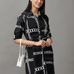 SHOWOFF Women Black & White Shirt Collar Midi Dress-image-68