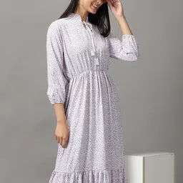 SHOWOFF Women White & Purple Floral Tie-Up Neck Midi Dress-picture-10