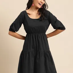DODO & MOA Women Black Solid Tiered Pure Cotton A-Line Dress With Puff Sleeves-image-51