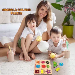 casadomani Setof2 Wooden Fruits Names & Geometric Shapes Matching Puzzle Board Toys image 5