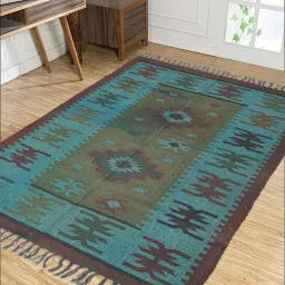 baithak krafts Blue Wool & Jute Abstract 96 x 60 Inches Hand Woven Dhurries image 1