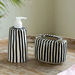 ExclusiveLane White & Black 2 Pieces Striped Ceramic Soap Dispenser & Toothbrush Holder-image-46