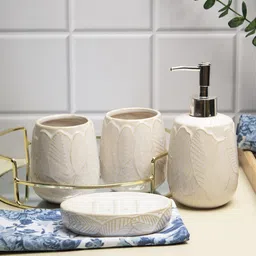 MARKET99 Off-White 4-Pieces Textured Ceramic Bath Accessories Set-image-1