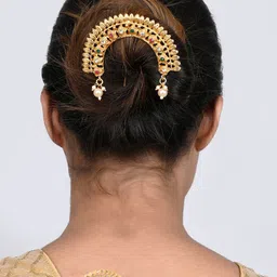 Silvermerc Designs Gold-Plated Artificial Beads Studded Bun Pin image 3