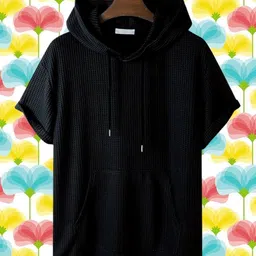 eddicted Men Solid Hooded Neck Cotton Blend Black T-Shirt image 1