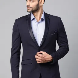 Park Avenue Men Navy Blue Super Slim Fit Solid Single Breasted Formal Blazer with Brooch-picture-25
