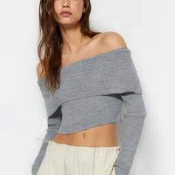 Trendyol Ribbed Off Shoulder Pure Acrylic Crop Pullover-picture-39
