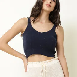 RAREISM Women Navy Blue Ribbed Crop Cotton Sweater Vest-picture-15