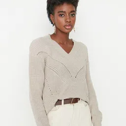 Trendyol Women Grey Cable Knit Sweater image 3