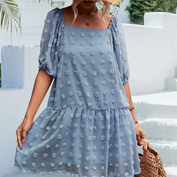 StyleCast Blue Self Design Square Neck Drop-Waist Dress image 3