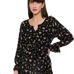 Amagyaa Floral Printed Waist Tie-Up Detail Bell Sleeves Cinched Waist Top-image-41