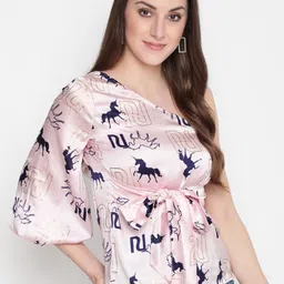 AKIMIA Pink & Blue Conversational Printed One-Shoulder Cinched Waist Top image 4