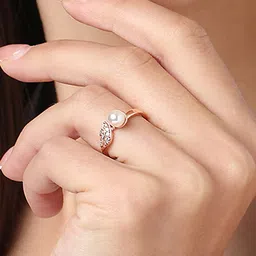 AMI Rose Gold-Plated White CZ-Studded & Pearl Beaded Adjustable Finger Ring image 2