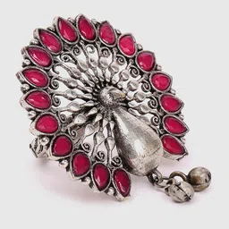 SOHI Pink Silver-Plated Artificial Stones Studded Textured Adjustable Finger Ring image 3