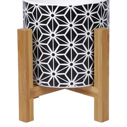 TAYHAA Black & White Geometric Design Ceramic Planter With Wooden Stand image 2
