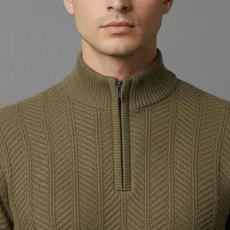 klein blue Men Self Design Mandarin Neck Brown Sweater-picture-17