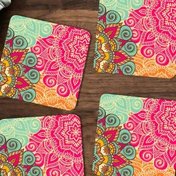 ARTBUG Orange & Pink 4 Pieces Abstract Printed Square Wooden Coasters-image-2