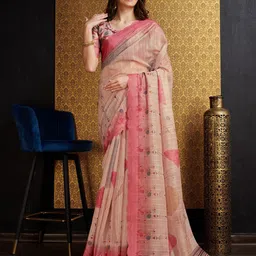 Mitera Peach Geometric Printed Organza Saree-image-20