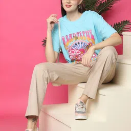 roadster Women Printed Round Neck Pure Cotton Blue T-Shirt image 5