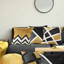 AAZEEM Yellow & Black Set of 5 Geometric Velvet Square Cushion Covers image 4