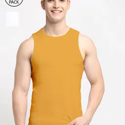 Friskers Men Pack Of 2 White & Mustard Solid Cotton Innerwear Vests-image-47