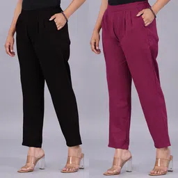 venitywave Pack of 2 Women Regular Fit Black, Maroon Pure Cotton Trousers-picture-14