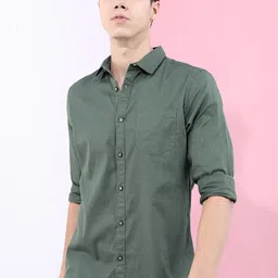 HIGHLANDER Men Blue Solid Long Roll-Up Sleeves Slim Fit Casual Shirt-picture-39