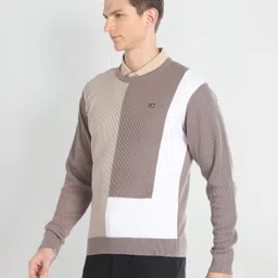 arrow sport Men Colorblock Crew Neck Brown Sweater image 5