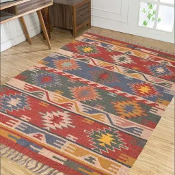 baithak krafts Multicolor Wool & Jute Abstract 60 x 36 Inches Hand Woven Dhurries image 1